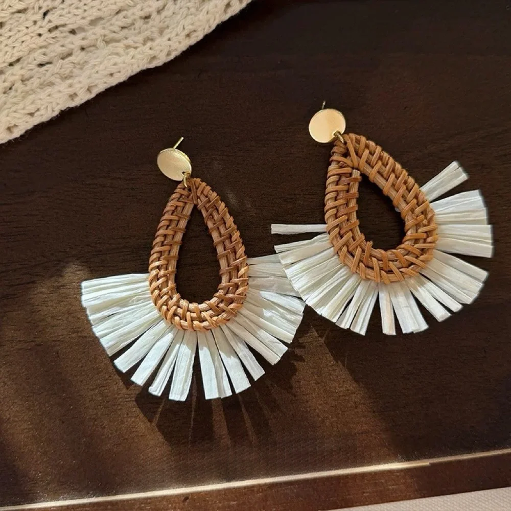 4/$15 Elegant Tan and White Woven Earrings